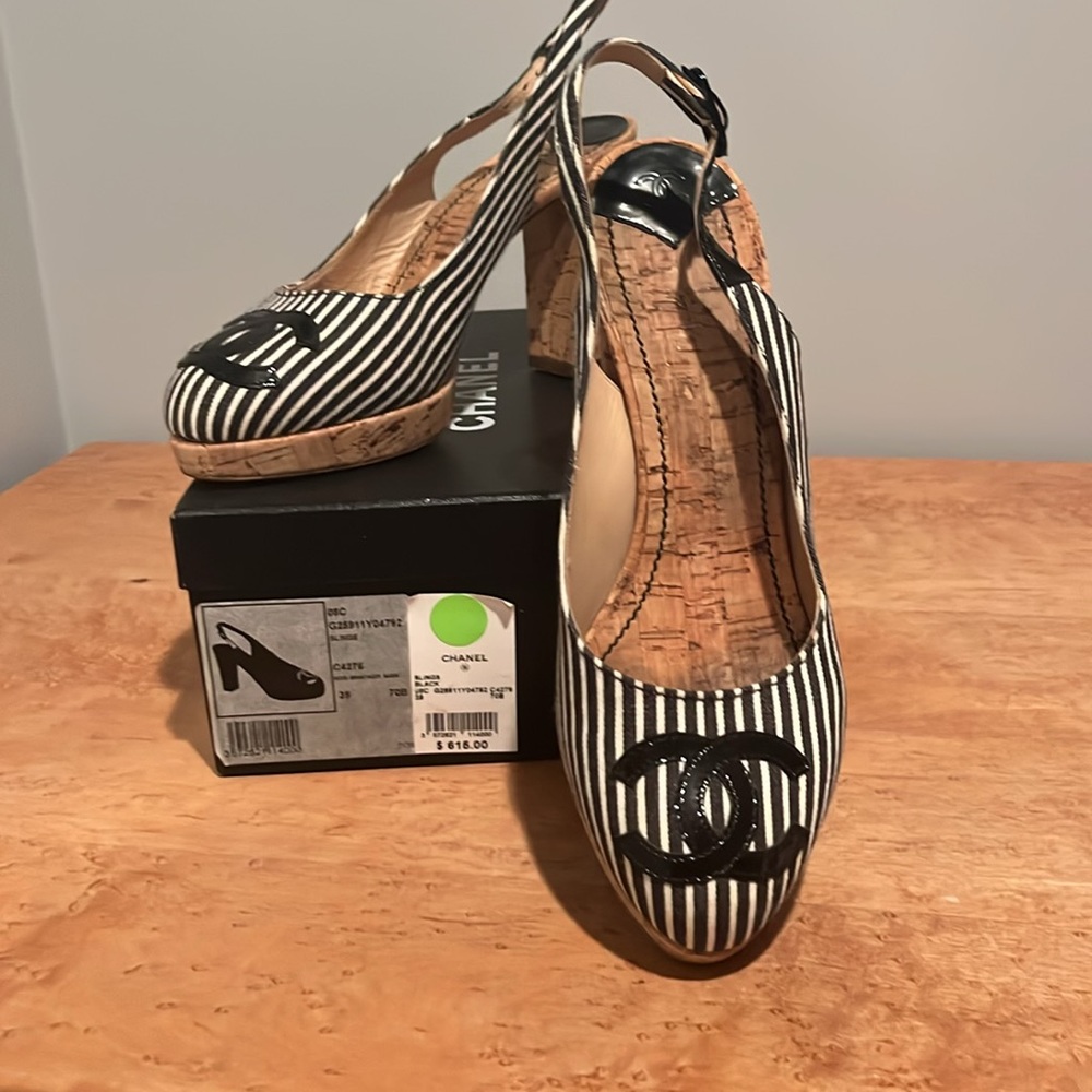 CHANEL CC LOGO Black & White Striped Canvas snd Cork Slingback Heels